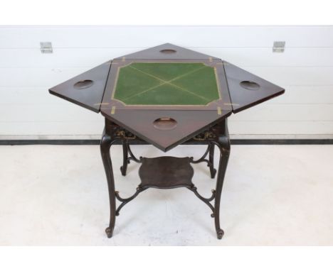 Edwardian Rosewood Envelope Card Table, the hinged four segment lid opening to a green baise playing surface and counter well