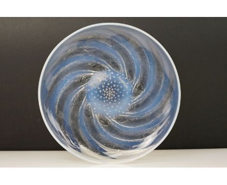 Rene Lalique ' Poissons ' Opalescent Shallow Bowl / Plate moulded with fish, raised R Lalique signature to centre, 26cm diame