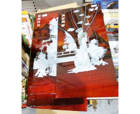 Four Japanese lacquered and mother-of-pearl panels of women together with two framed ceramic relief geishas (6)