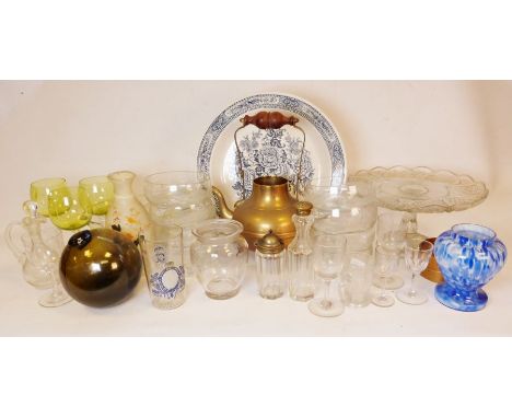 Poole pottery cups and saucers, a brass teapot, glass witch's ball together with various glass and chinaware (2 boxes) (DOLL 