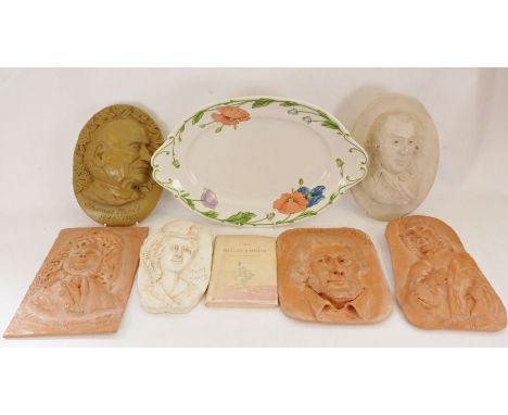 Two pottery wall plaques, one of Thomas Hardy, the other of R B Sheridan, together with various chinaware and pewter tankards