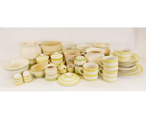 Pair of TG Green blue and white Cornish-ware lidded storage jars, plates and bowls together with TG Green yellow and white Co