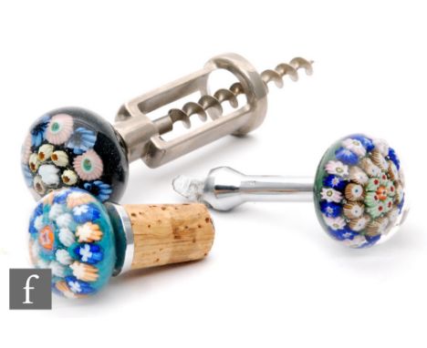 A 1950s to 1960s Vasart for Lassman part bar set, comprising a corkscrew, a can opener and a cork stopper, each decorated wit