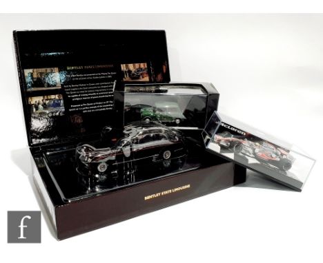 Three Minichamps 1:43 scale diecast model cars, comprising 436 139700 Bentley State Limousine, 400 138601 Morris Mini MkI 196