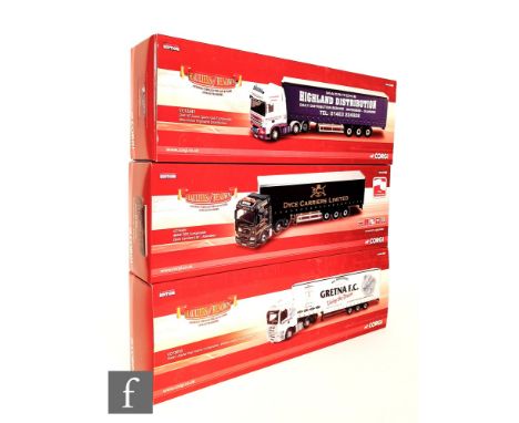 Three Corgi Hauliers of Renown 1:50 scale diecast models, comprising CC13241 Macritchie Highland Distribution DAF XF Super Sp