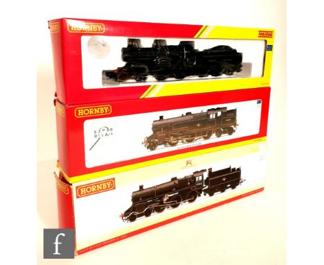 Three OO gauge Hornby DCC Ready locomotives, comprising R3277 4-4-0 GWR green 'County of Devon', R3021 2-6-4T BR black Stanie