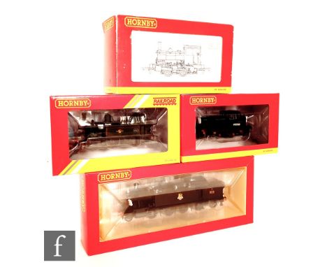 Four OO gauge Hornby locomotives, comprising R3226 DCC Ready 2-8-2T BR black '7218' (box missing outer sleeve), R3692 0-4-2-T