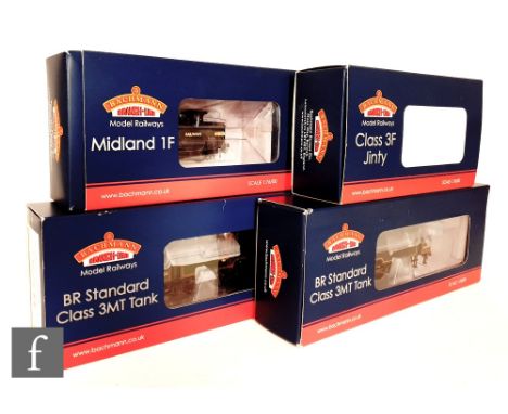 Four OO gauge Bachmann DCC Ready BR locomotives, comprising 31-976A 0-6-2T green Standard Class 3MT 82030, 31-979A 0-6-2T bla
