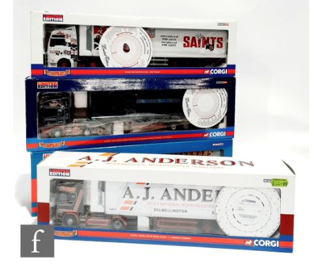 Four Corgi Hauliers of Renown 1:50 scale diecast models, comprising CC12934 AJ Anderson Transport Scania Topline Fridge Trail