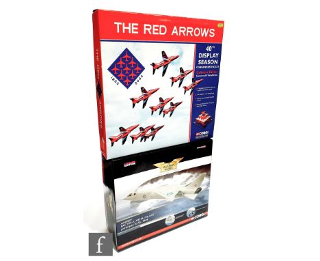 Two Corgi diecast model aircraft models, Aviation Archive 1:72 scale AA38601 BAC TSR-2 XR219, and Showcase Collection CSFS110