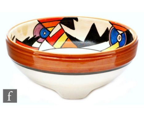 A Clarice Cliff Lightning shape 357 three footed bowl circa 1929, hand painted to the interior with a target and flash design