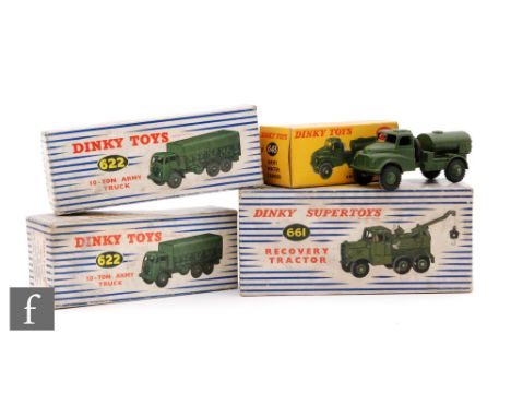 Four Dinky Toys military diecast models, a 661 Recovery Tractor, a 643 Army Water Tanker, and two 622 10-Ton Army Truck, all 