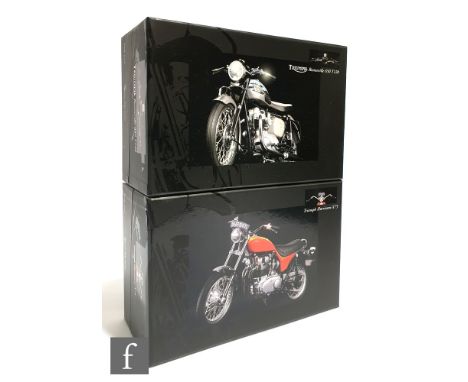 Two Minichamps Classic Bike Series 1:12 scale diecast model Triumph motorcycles, No. 43 Hurricane X75 and No. 7 Bonneville 65