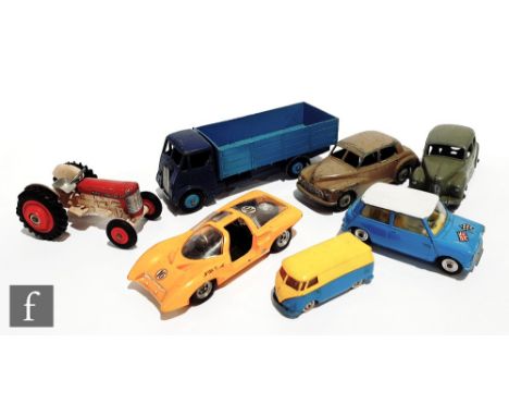 A collection of unboxed and playworn diecast models to include a Corgi 227 Morris Mini Cooper in blue including bonnet, with 