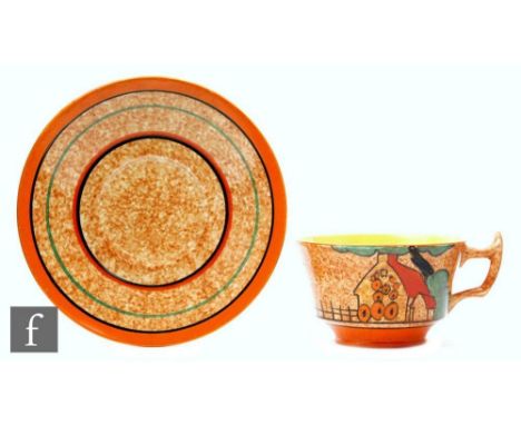 A Clarice Cliff Red Roofs Cafe au Lait large Athens shape tea cup and saucer circa 1932, hand painted with a stylised farm ho