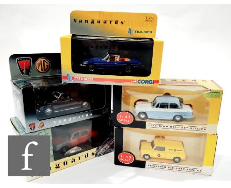 Nineteen Vanguards 1:43 scale diecast models by Corgi and Lledo to include BMC, Triumph, Hidden Treasures, police cars, etc.,