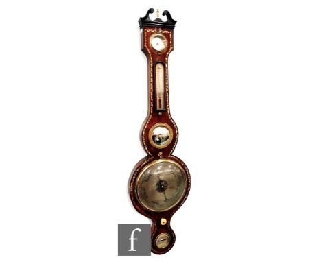A 19th Century rosewood veneered wheel barometer with gilded foliate detail to the case, with twin swan neck pediment, hygrom