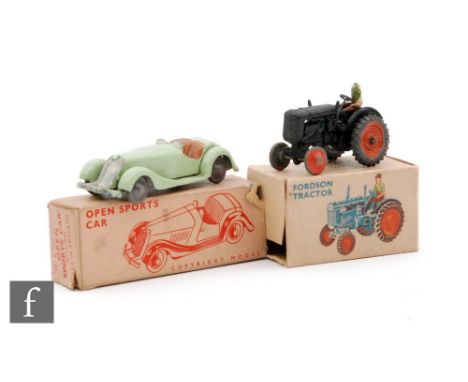 Two Britains Lilliput World diecast vehicles, an LV/604 Fordson Tractor (figure driver lacking head) and an LV/601 Open Sport