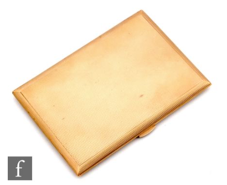 A 9ct hallmarked engine turned rectangular cigarette case, length 13cm, weight 144g, London 1966, complete with Harrods inner