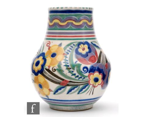 A Poole Pottery shape 203 vase decorated in the XA pattern, painted by Marjorie Batt, painted and impressed marks, height 20.