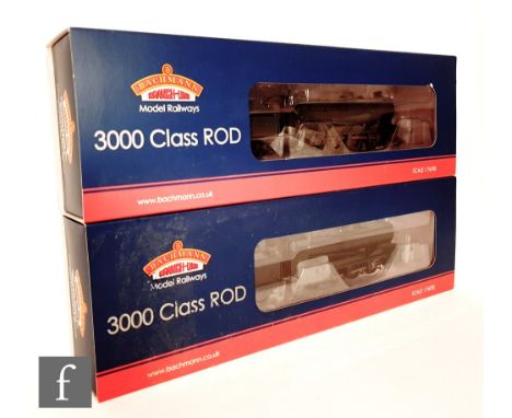 Two OO gauge Bachmann DCC Ready BR black 3000 Class ROD locomotives, a 31-128 3036 weathered edition and a 31-127 3023, both 