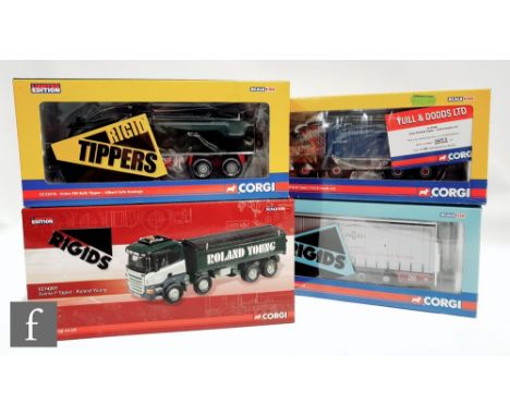 Six Corgi Rigids and Rigid Tippers 1:50 scale diecast models, comprising CC13520 DR Macleod Volvo FM Box Lorry, CC13611 Pollo