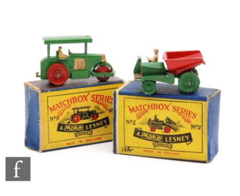 A Moko Lesney Matchbox 1-75 Series 1a Aveling Barford Diesel Road Roller with Type 1 curved canopy, green body, red metal whe