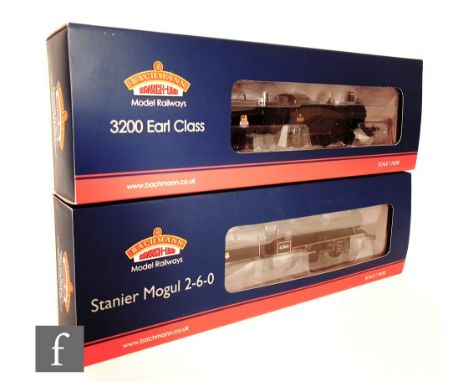 Two OO gauge Bachmann DCC Ready BR black locomotives, a 31-088 4-4-0 3200 Earl Class 9028 and a 31-691 2-6-0 Stanier Mogul 42