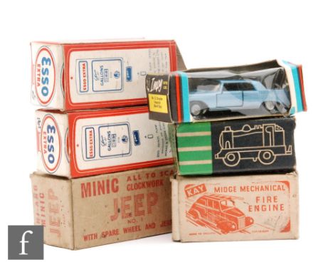 A group of small scale diecast and clockwork toys to comprise a Triang Minic No. 1 Jeep, a Chad Valley Midget Engine, a Kay M