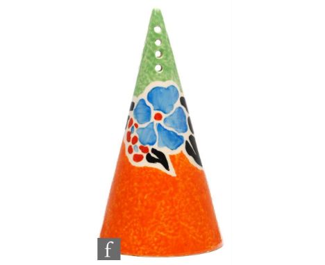 A Clarice Cliff Floral Nuage pattern Conical sugar sifter circa 1932, hand painted with a stylised floral spray between green