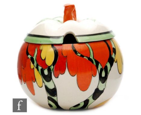 A Clarice Cliff Honolulu pattern apple shape preserve circa 1933, hand painted with a stylised tree with red, orange and yell