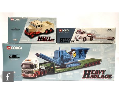 Three Corgi Heavy Haulage 1:50 scale diecast models, comprising CC12002 Cadzow Heavy Haulage MAN King Trailer &amp; Crusher L