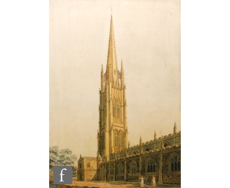 ENGLISH SCHOOL ( MID 19TH CENTURY) - Figures outside a church, watercolour, framed, 42cm x 30cm , frame size 63cm x 50cm, als