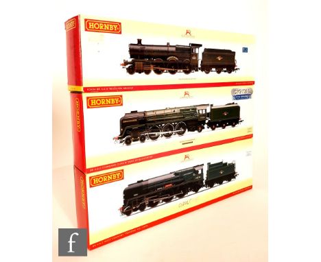 Three OO gauge Hornby DCC Ready BR locomotives, comprising R2404 4-6-0 green 'Resolven Grange' weathered, R3244 with Twin Tra