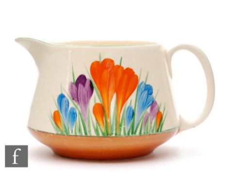 A Clarice Cliff Crocus Crown shape jug circa 1932, hand painted with Crocus sprays with green and brown banding, CROCUS and B