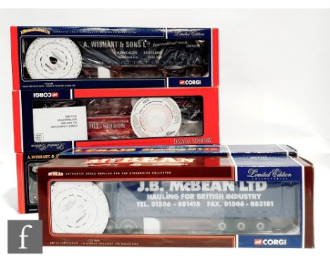 Five Corgi 1:50 scale diecast models, comprising CC13109 Andrew Wishart &amp; Sons Volvo F88 Tautliner, CC12609 Morris Young 