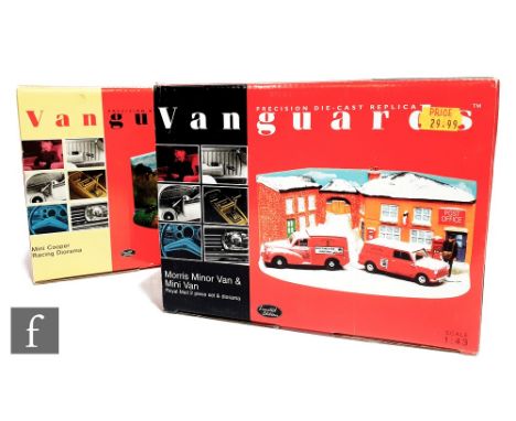 Nine Lledo Vanguards 1:43 scale diorama sets, to include RD2001 Mini Cooper Racing Diorama, RD1002 Ford Classic 109E Brands H