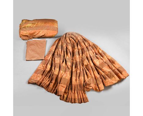CURTAINS, A PAIR (3). lined and interlined, in a shimmering bronze fabric with chenille horizontal stripes, with a pelmet, ea