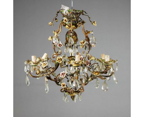 EARLY 20TH CENTURY FRENCH CHANDELIER. Painted iron and ceramic with six lights, 59cm H x 59cm W.