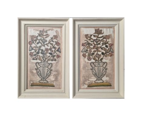 STUDIES OF A VASE OF FLOWERS, A PAIR. prints on canvas, in white frames, 70cm high, 45cm wide (2).