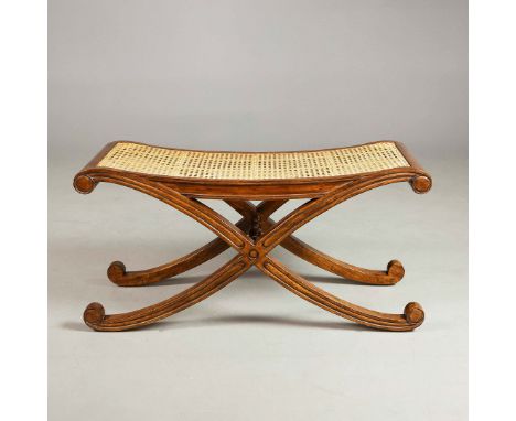 AND SO TO BED LOUIS XV STYLE CANED BENCH. With X-frame supports 53cm H x 107cm W x 37cm D.