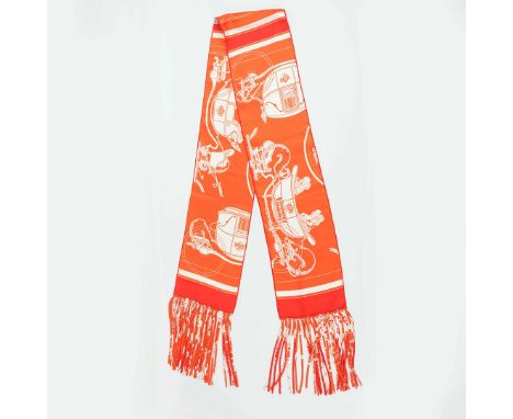 HERMÈS SCARF WITH FRINGES. orange background with red and white accents, 200cm with fringes x 18cm, silk, made in France.