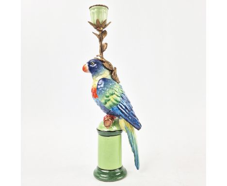 CANDLESTICK. in the form of a blue parrot, ceramic and gilt metal, 31.5cm H approx.