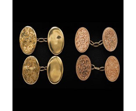 TWO PAIRS OF 9CT GOLD CUFFLINKS. comprising one pair in yellow gold and another pair in rose gold, both with engraved scrollw