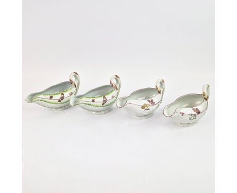 FOUR 18TH CENTURY SAUCE BOATS. comprising two pairs, all hand painted, believed to be Worcester, circa 1770 (4).
