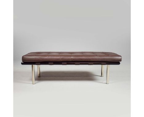 BENCH, UPHOLSTERED. brown cushion 51cm d x 42cm t x 133cm l.