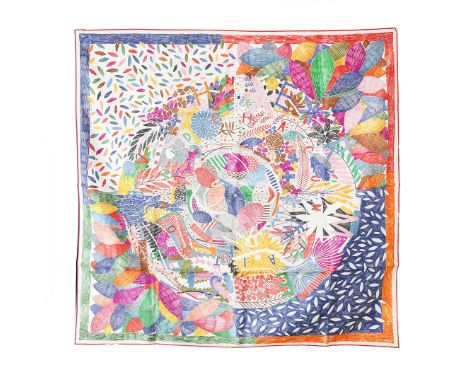 HERMÈS SCARF “CHACUN FAIT SON NID”. designed in 2016 by Nigel Peake, colourful leaf design on white ground, 90cm x 90cm, made