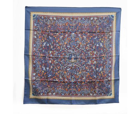 HERMÈS SCARF “LES JARDINS D’ARMENIE”. by Karen Petrossian in 2005, silk, made in france, 90cm x 90cm. colours blue, red, oran