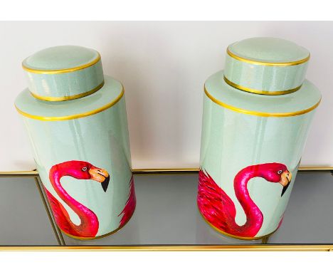 A PAIR OF FLAMINGO GINGER JARS. glazed ceramic, 40cm H x 20cm W x 20cm D.