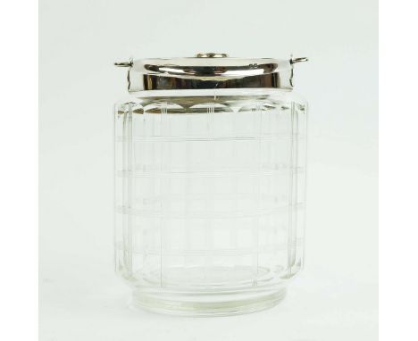 AN ASPREY CUT GLASS AND SILVER MOUNTED BISCUIT BARREL. stamped 'Asprey London 14515' to collar, hallmarked for Birmingham 191